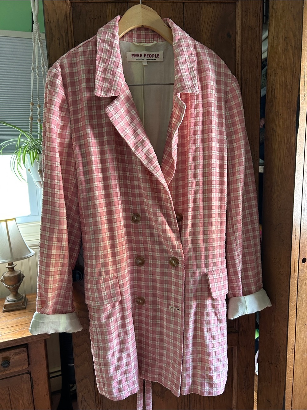 Free People Pink Plaid Double-Breasted Blazer